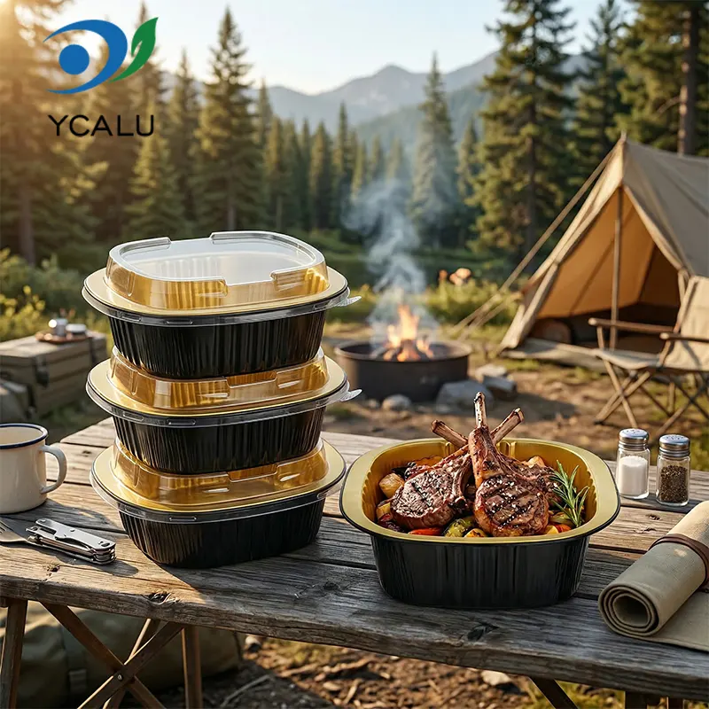 Caixa quadrada binaural descartável, recipientes de folha de alumínio em ouro preto