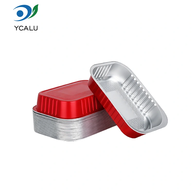 Recipientes de folha de alumínio quadrados vermelhos com vedação descartável para catering