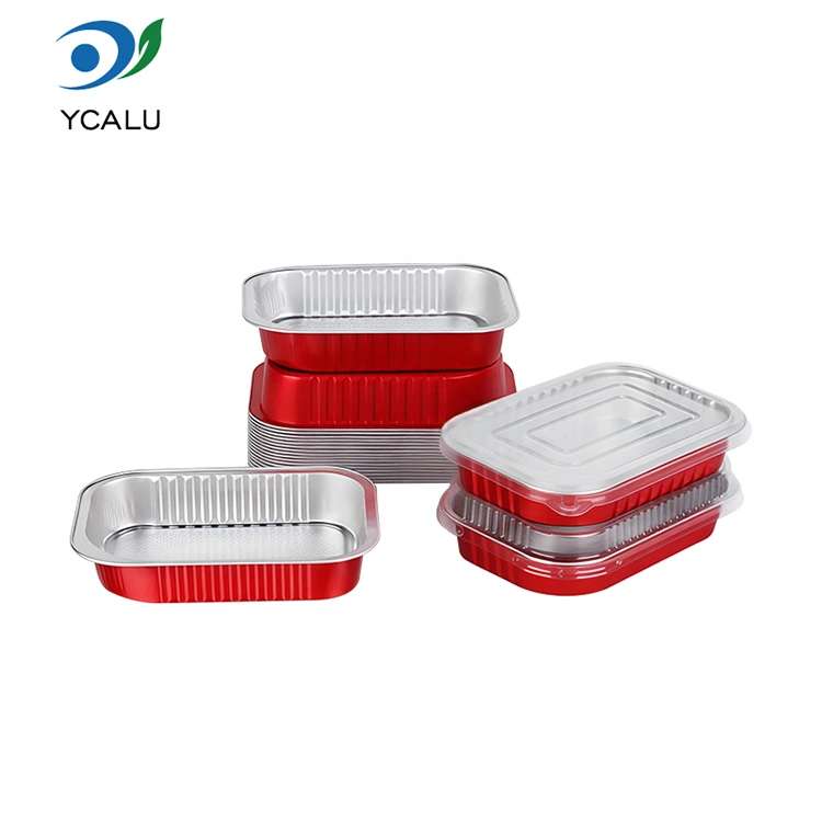 Recipientes de folha de alumínio quadrados vermelhos com vedação descartável para catering