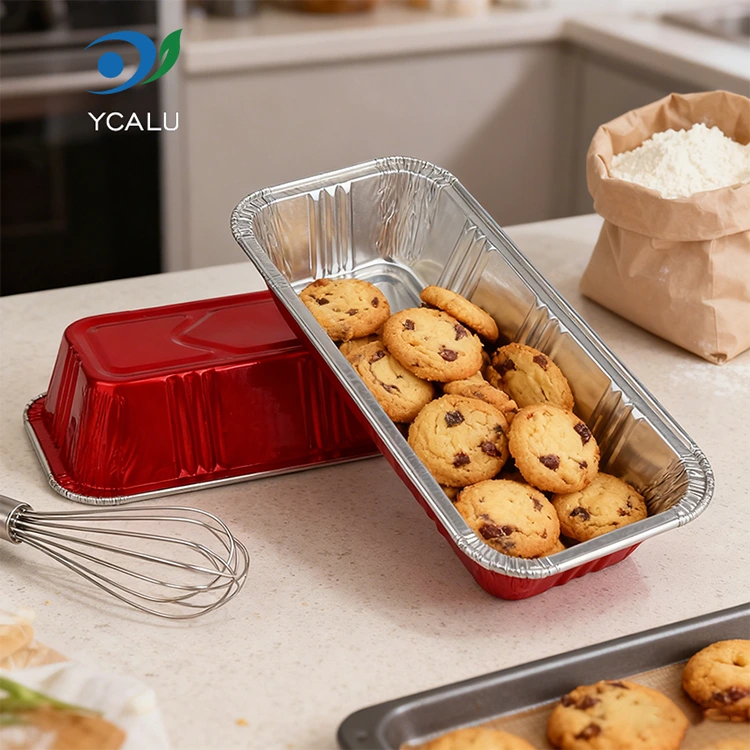 Recipientes retangulares de folha de alumínio prateados para padaria vermelha