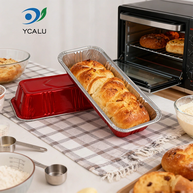 Recipientes retangulares de folha de alumínio prateados para padaria vermelha